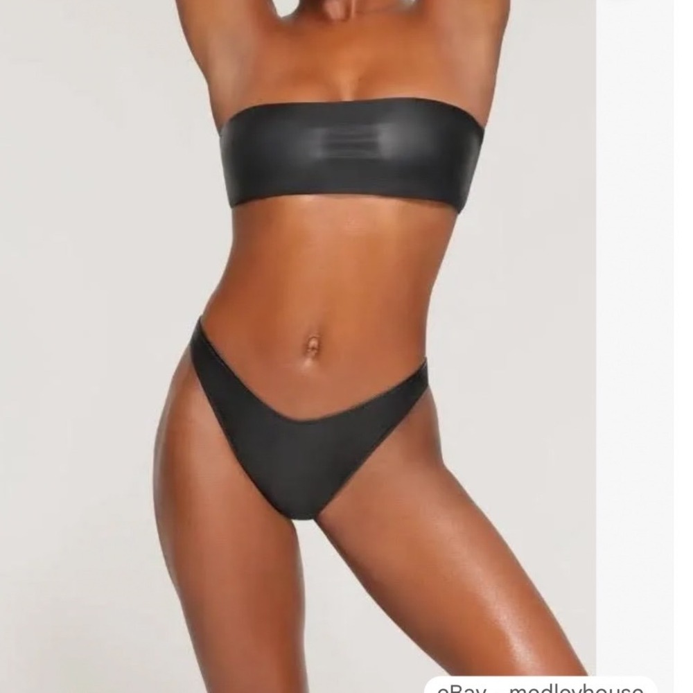Skims Pleather Micro Tanga Bikini Bottom Onyx Black Faux Leather Swim Size M